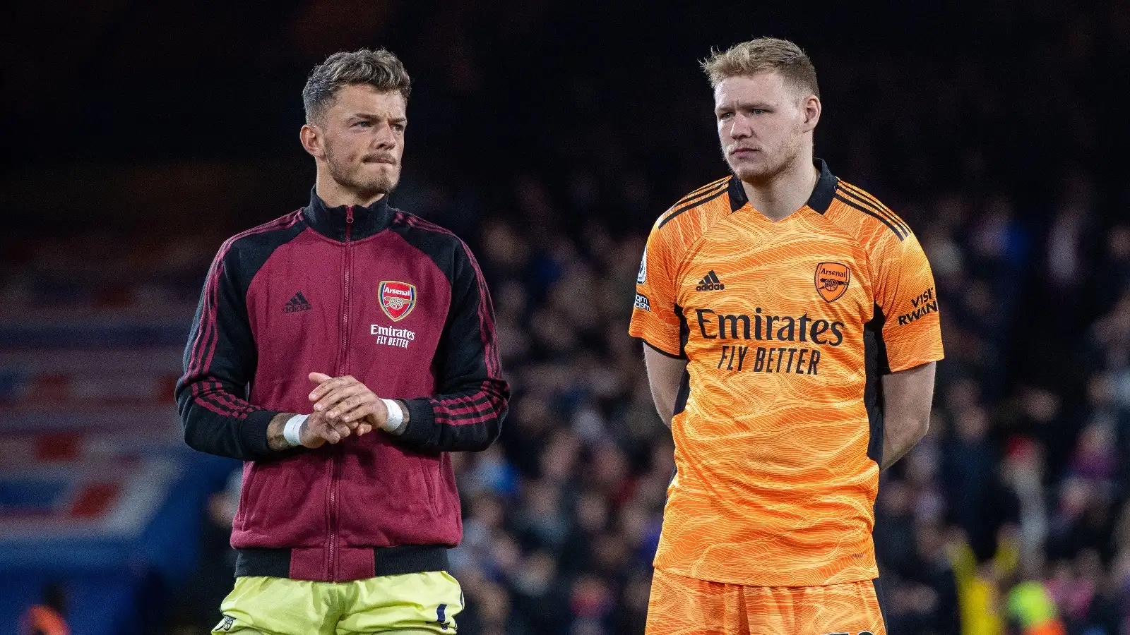 Ben White and Aaron Ramsdale of Arsenal during the Premier League match between Crystal Palace and Arsenal at Selhurst Park on April 4, 2022 in London, United Kingdom.