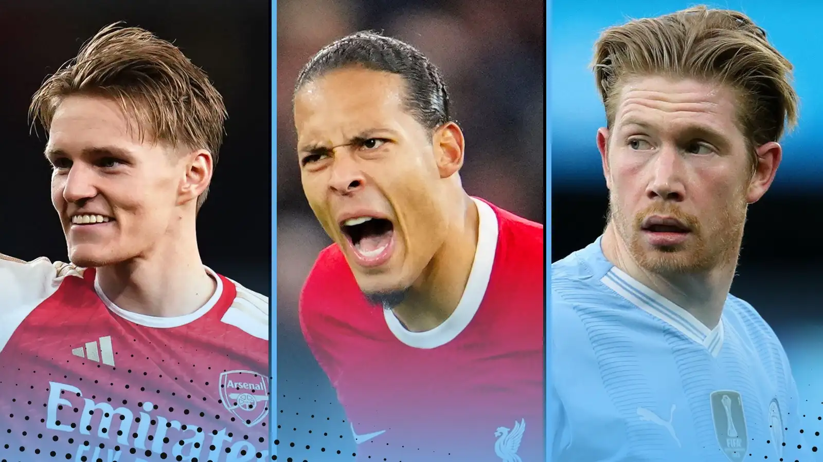 Arsenal Liverpool Manchester City fixture list run-in 2023-24 title race - (L-R:)Martin Odegaard, Virgil van Dijk, Kevin De Bruyne