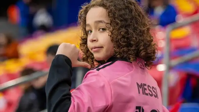 Young fan of Messi supports during regular MLS season game between Red Bulls and Miami on Red Bull Arena in Harrison, New Jersey on March 23, 2024. Red Bulls won 4 - 0