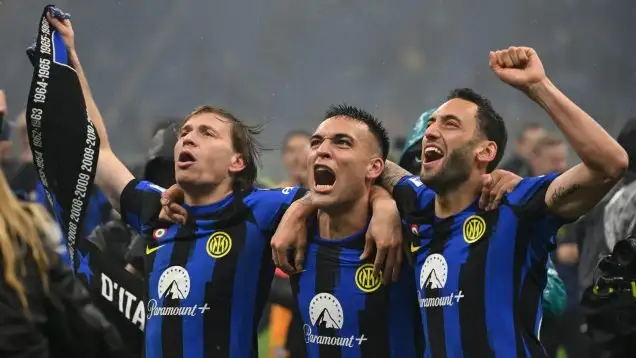 Inter Milan players celebrate their title success in April 2024.