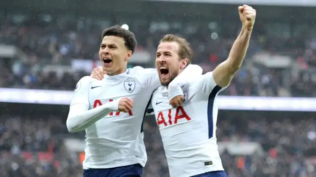 Dele Alli and Harry Kane celebrate victory against Arsenal in February 2018.