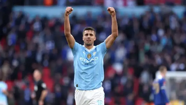 Rodri (MC) celebrates at the Emirates FA Cup Semi-Final match, Manchester City v Chelsea, at Wembley Stadium, London, UK on 20th April, 2024