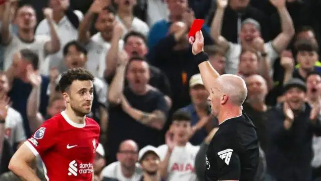 London, UK. 30th Sep, 2023. Diogo Jota of Liverpool is shown a red card and sent off by referee Simon Hooper. Premier League match, Tottenham Hotspur v Liverpool at the Tottenham Hotspur Stadium in London on Saturday 30th September 2023