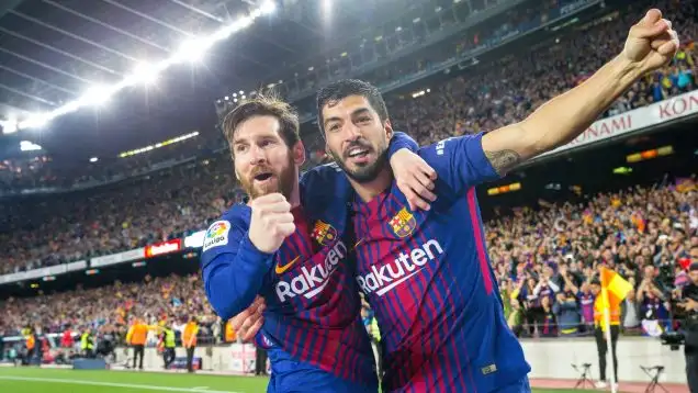 SPAIN - 6th of May: FC Barcelona forward Lionel Messi (10) celebrates scoring the goal with FC Barcelona forward Luis Suarez (9) during the match between FC Barcelona against Real Madrid for the round 36 of the Liga Santander, played at Camp Nou Stadium on 6th May 2018 in Barcelona, Spain.
