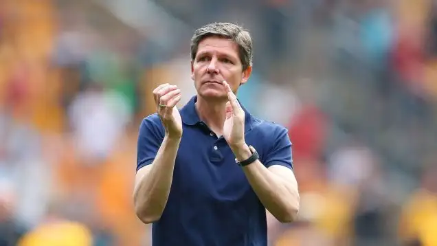 Oliver Glasner, manager of Crystal Palace applauds the fans after the Premier League match between Wolverhampton Wanderers and Crystal Palace at Molineux, Wolverhampton on Saturday 11th May 2024.