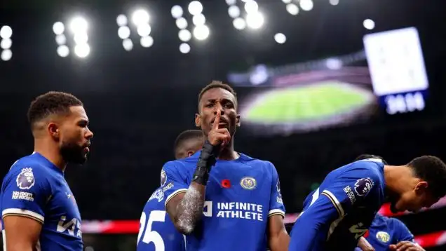 Nicolas Jackson of Chelsea celebrates the goal by Cole Palmer for 1-1 - Tottenham Hotspur v Chelsea, Premier League, Tottenham Hotspur Stadium, London, UK - 6th November 2023