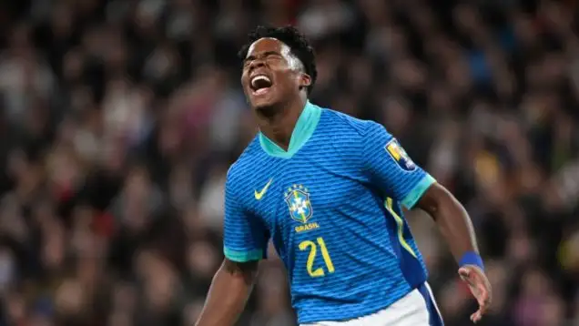 London-England, March 23, 2024 - player Endrick (Brazil) celebrates his first goal, during a football match between the England and Brazil teams in matches at the London stadium