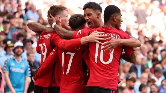 London, UK. 25th May, 2024. Alejandro Garnacho of Manchester United celebrates scoring the first goal during the The FA Cup match at Wembley Stadium, London.