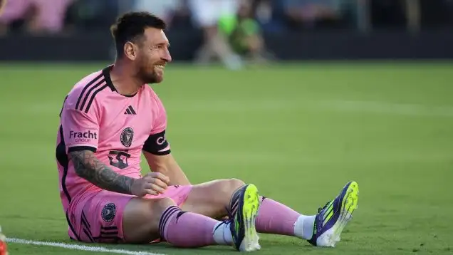 FORT LAUDERDALE, FL - MAY 29: Inter Miami forward Lionel Messi (10) laughs after a missed header opportunity in the first half during the game between Atlanta United and Inter Miami CF on Wednesday, May 29, 2024 at Chase Stadium in Fort Lauderdale, Fla.