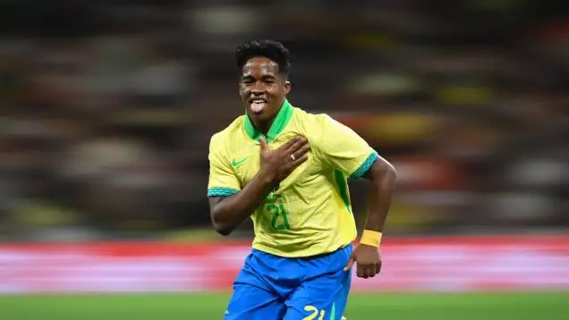 Madrid-Spain, March 26, 2024, Player Endrick of the Brazilian football team celebrates the goal, in the match between Spain and Brazil, at the Santiago Bernabeu stadium