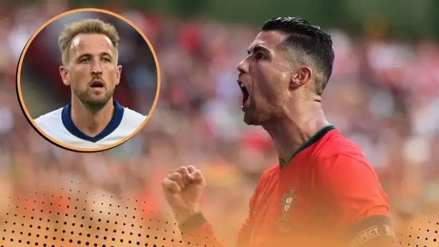 Cristiano Ronaldo celebrating for Portugal and England captain Harry Kane