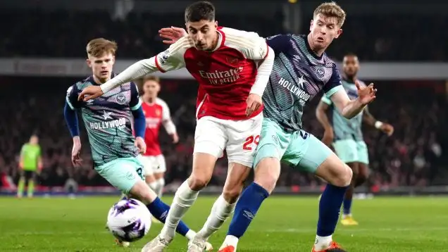 Arsenal's Kai Havertz (left) is challenged by Brentford's Nathan Collins during the Premier League match at the Emirates Stadium, London. Picture date: Saturday March 9, 2024.