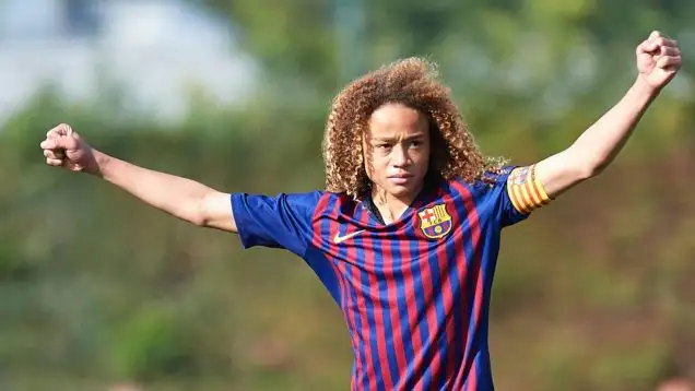 BARCELONA, 1-12-2018. Division de Honor FCF League under-15, 2018/ 2019. Barcelona-Mercantil. Xavi Simons of FC Barcelona during the game Barcelona-Mercantil