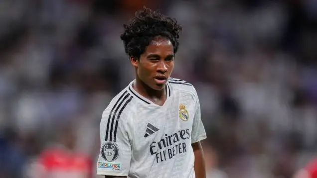 Endrick celebrates his first Champions League goal for Real Madrid.