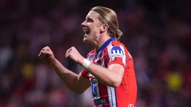Conor Gallagher celebrates for Atletico Madrid.