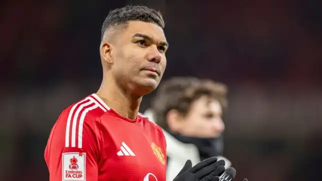 Manchester, UK. 07th Feb, 2025. Manchester, England, February 7th 2025: Casemiro of Manchester United leeaves pitch after Man Utd win 2-1 the FA Cup 4th Round football match between Manchester United and Leicester City at Old Trafford in Manchester, England on February 7, 2025.