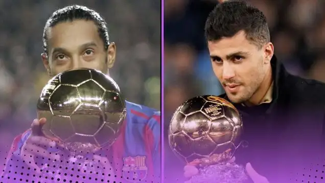 Ronaldinho and Rodri pose with the Ballon d'Or