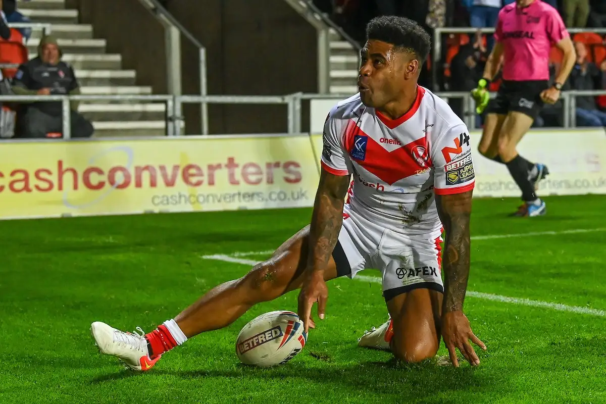 Kevin Naiqama celebrates his try for St Helens