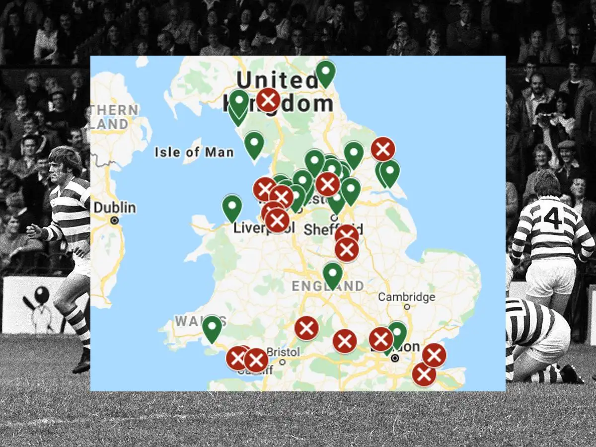 A rugby league map of all professional rugby league clubs since 1980