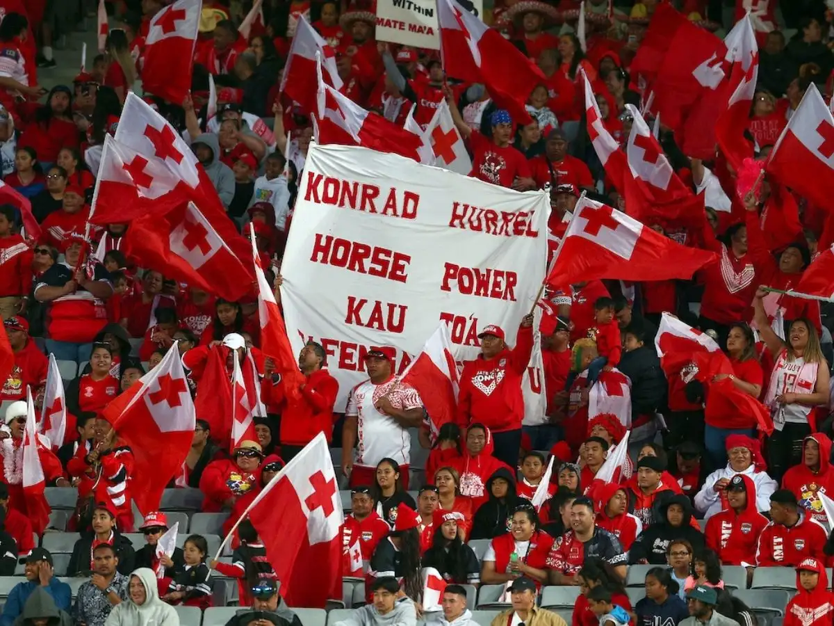 St Helens player Konrad Hurrell on Tonga flag SWpix