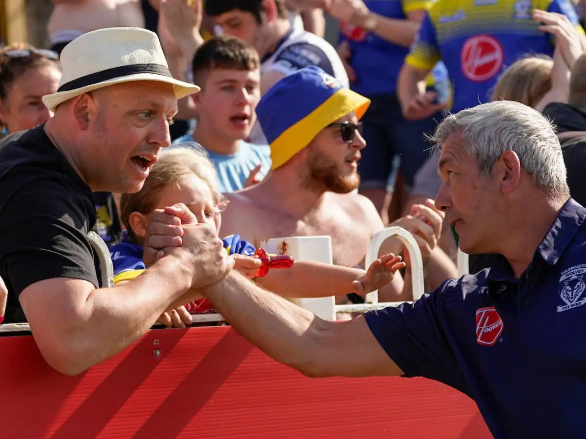 Daryl Powell speaks to travelling Warrington fans after Castleford defeat