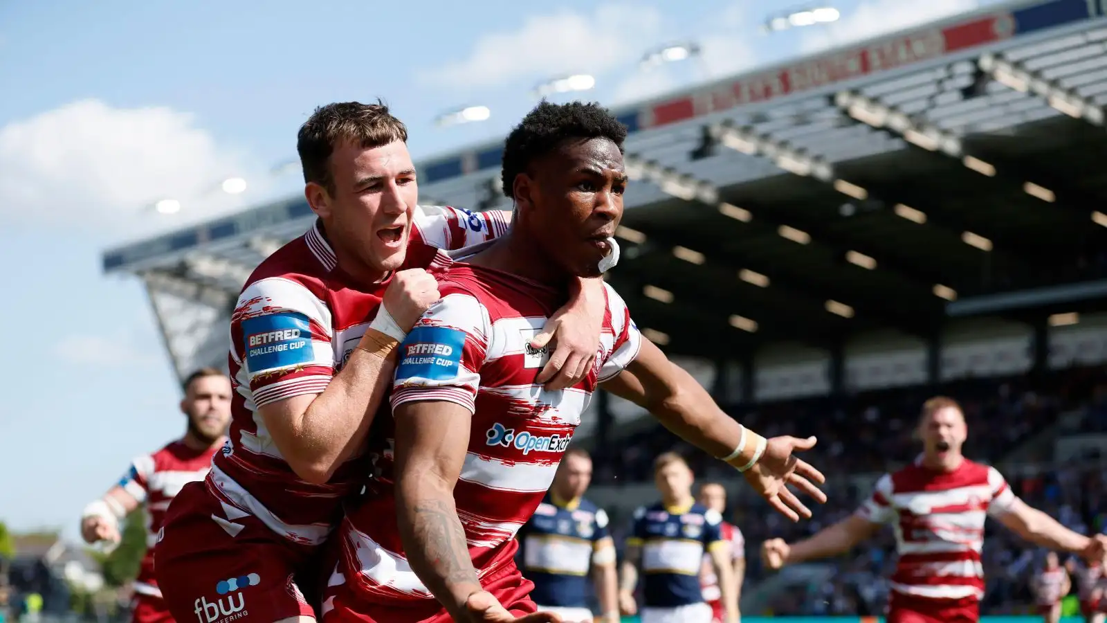 Junior Nsemba celebrates his Challenge Cup try against Leeds.