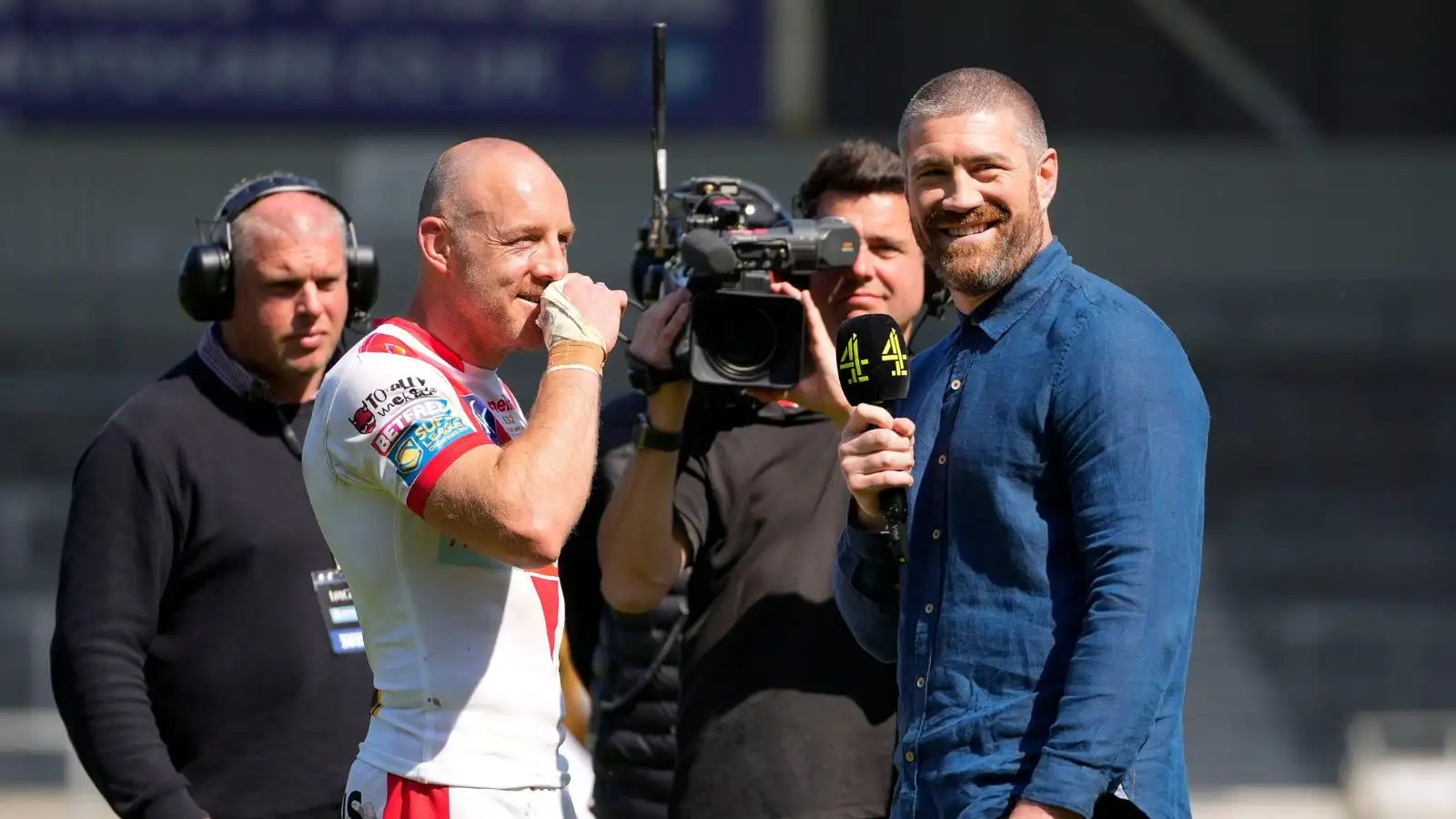Former Warrington Wolves man Kyle Amor interviewing St Helens skipper James Roby on Channel 4. Photo by Steve Flynn/News Images.