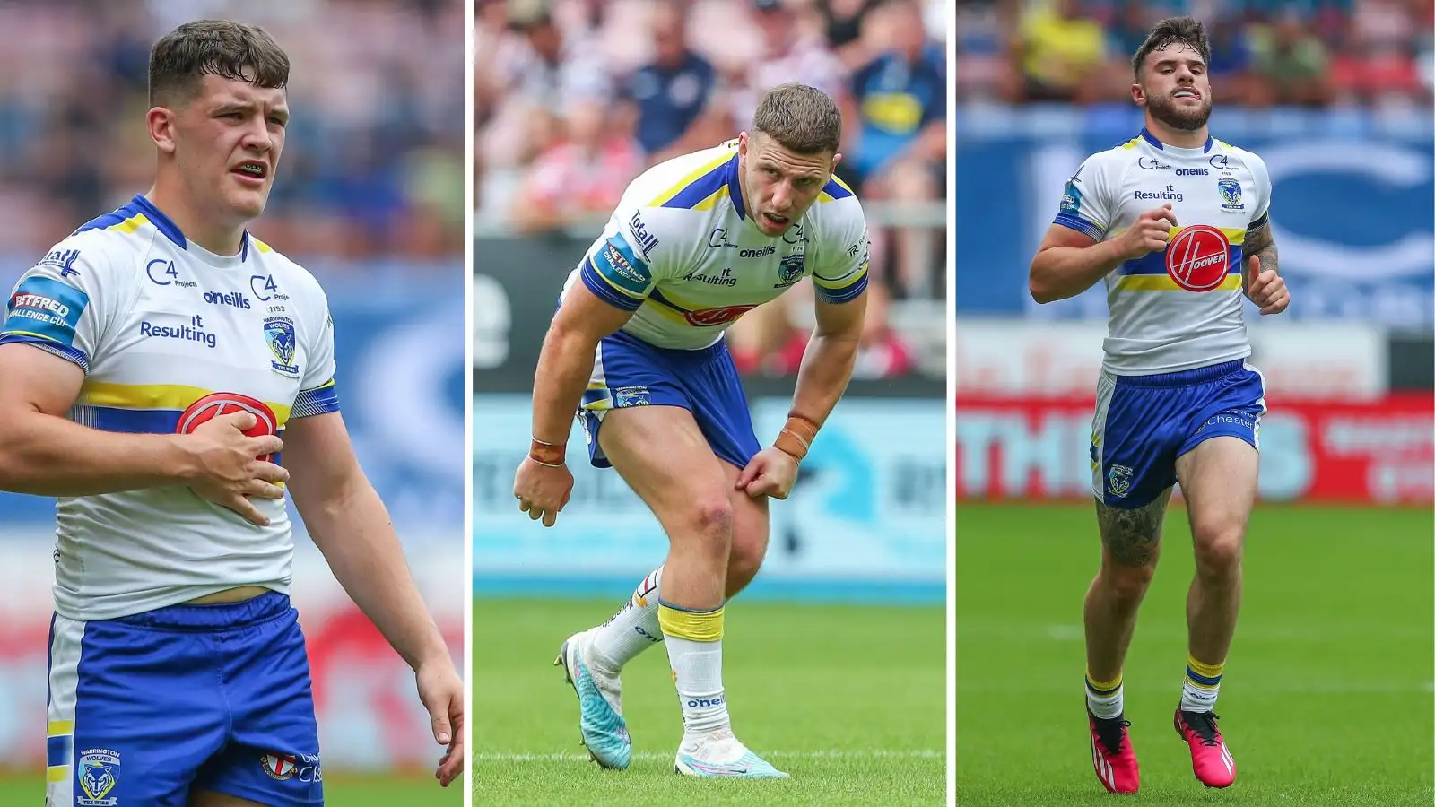 Warrington Wolves players Josh Thewlis (left), George Williams (middle) and Connor Wrench (right).