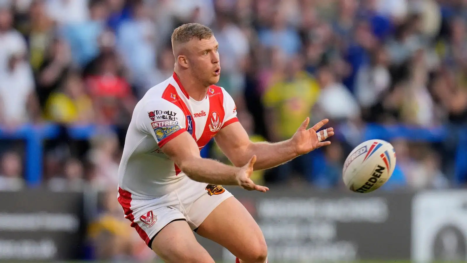 Joey Lussick in action against Warrington at the Halliwell Jones Stadium. Photo by Steve Flynn/News Images.