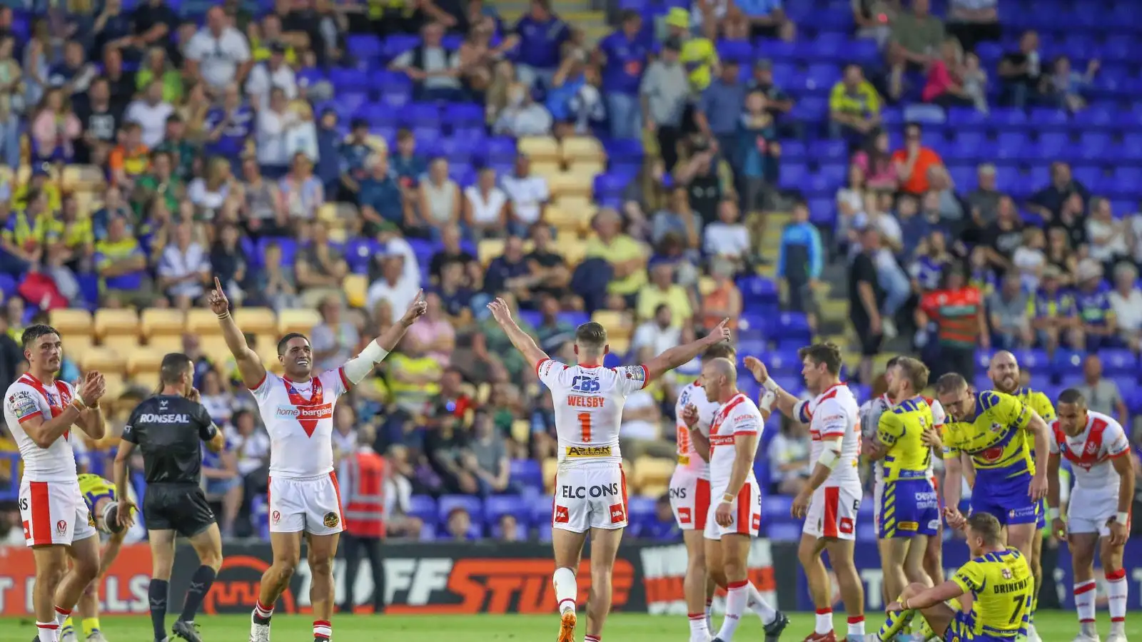 St Helens players celebrate after their Super League Round 18 win over Warrington. Photo by Gareth Evans/News Images.