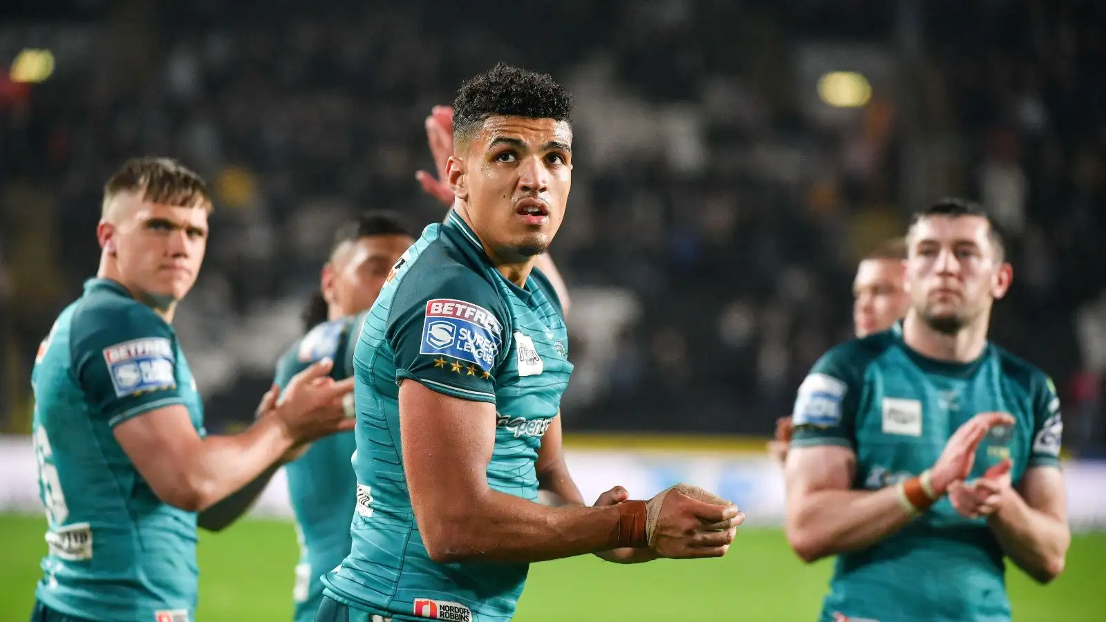 Kai Pearce-Paul applauds the fans after the Round 11 clash with Hull. Picture by Dean Williams / Alamy Stock Photo.