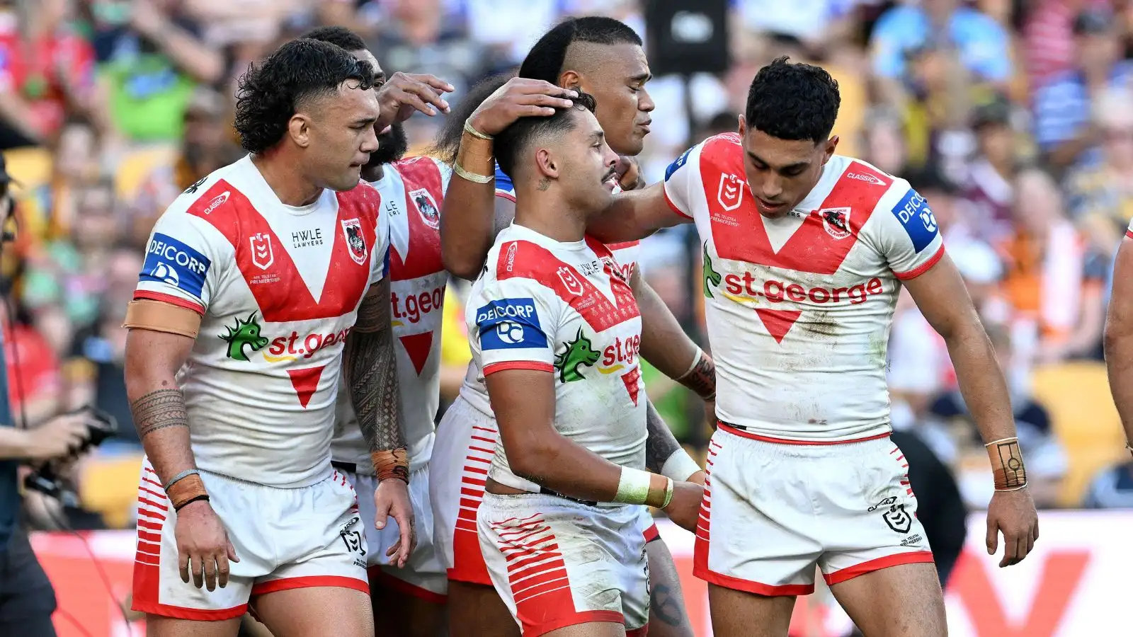 Jayden Sullivan celebrates a try against Wests Tigers in the NRL. Photo by AAP Image/Dave Hunt.