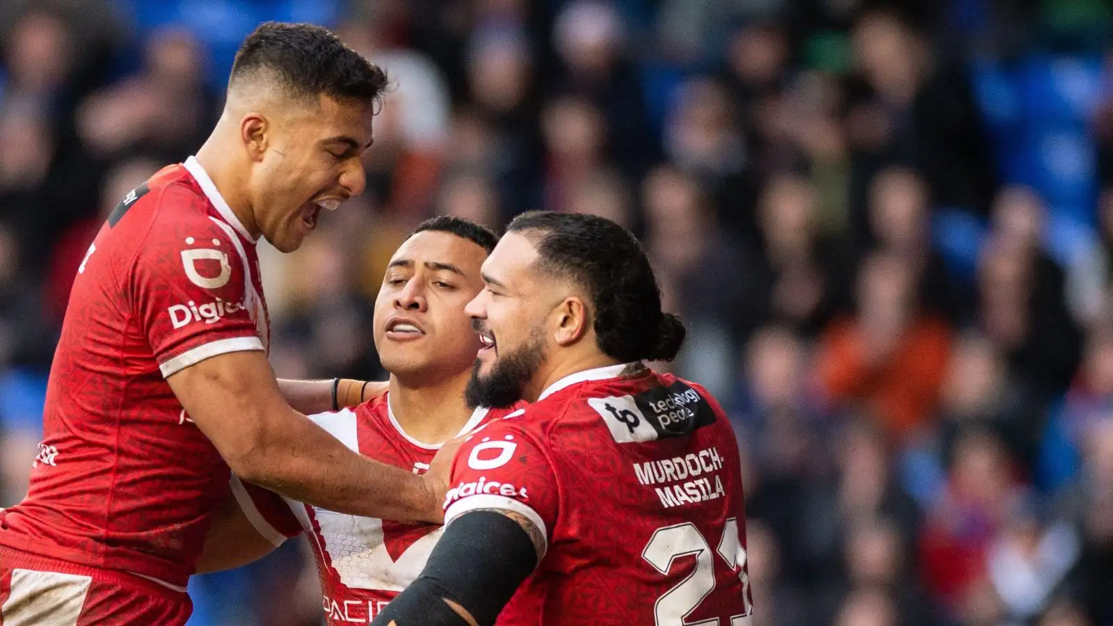 Sio Siua Taukeiaho in action for Tonga against Samoa at the 2021 World Cup, Halliwell Jones Stadium. Photo by Dean Williams / Alamy Stock Photo.