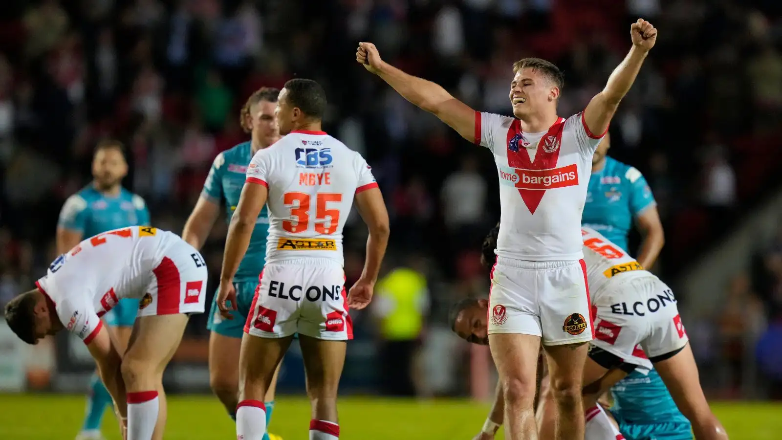 Jack Welsby celebrates the win over Leeds Rhinos. Photo by Steve Flynn/News Images.