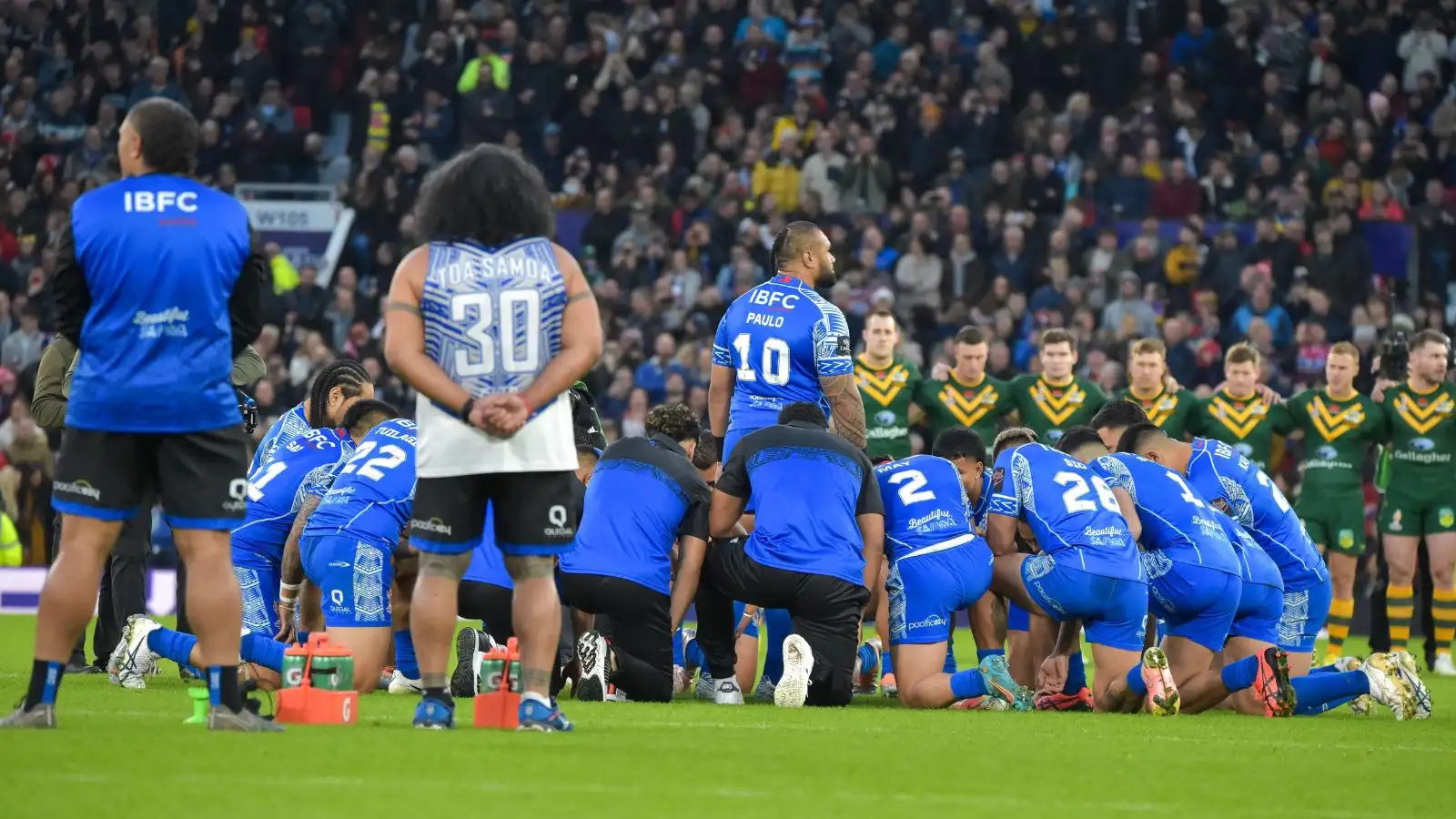 Samoa and Australia featured in the delayed 2021 World Cup final at Old Trafford, Manchester. Photo by Craig Cresswell/Alamy Live News.