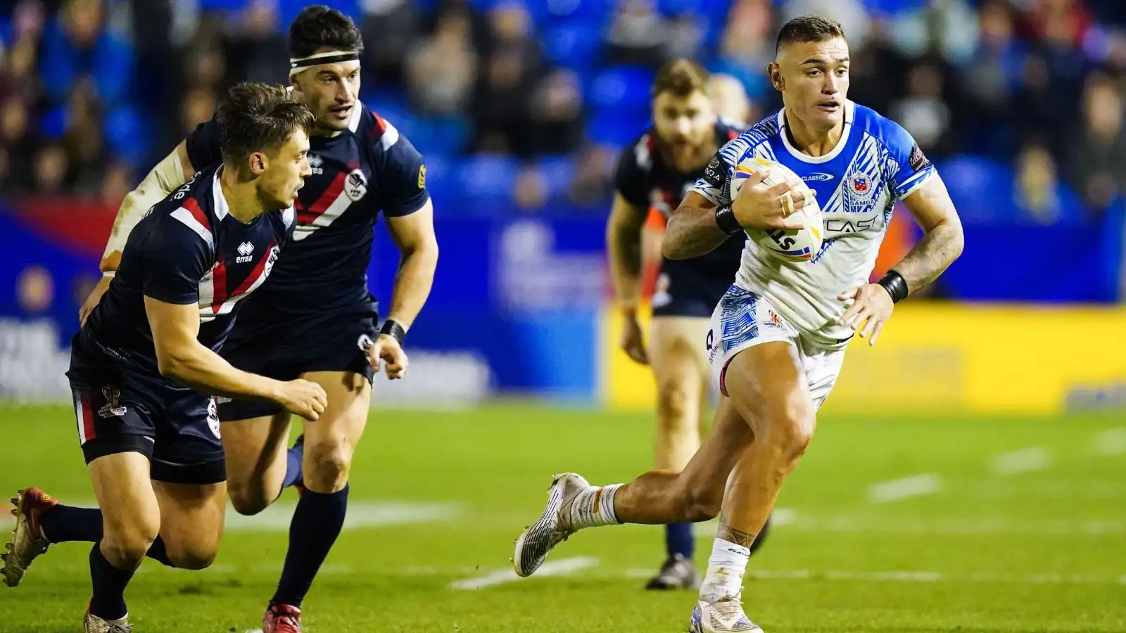 Danny Levi in action for Samoa against France at last year's World Cup in England. Photo by PA Images / Alamy Stock Photo.