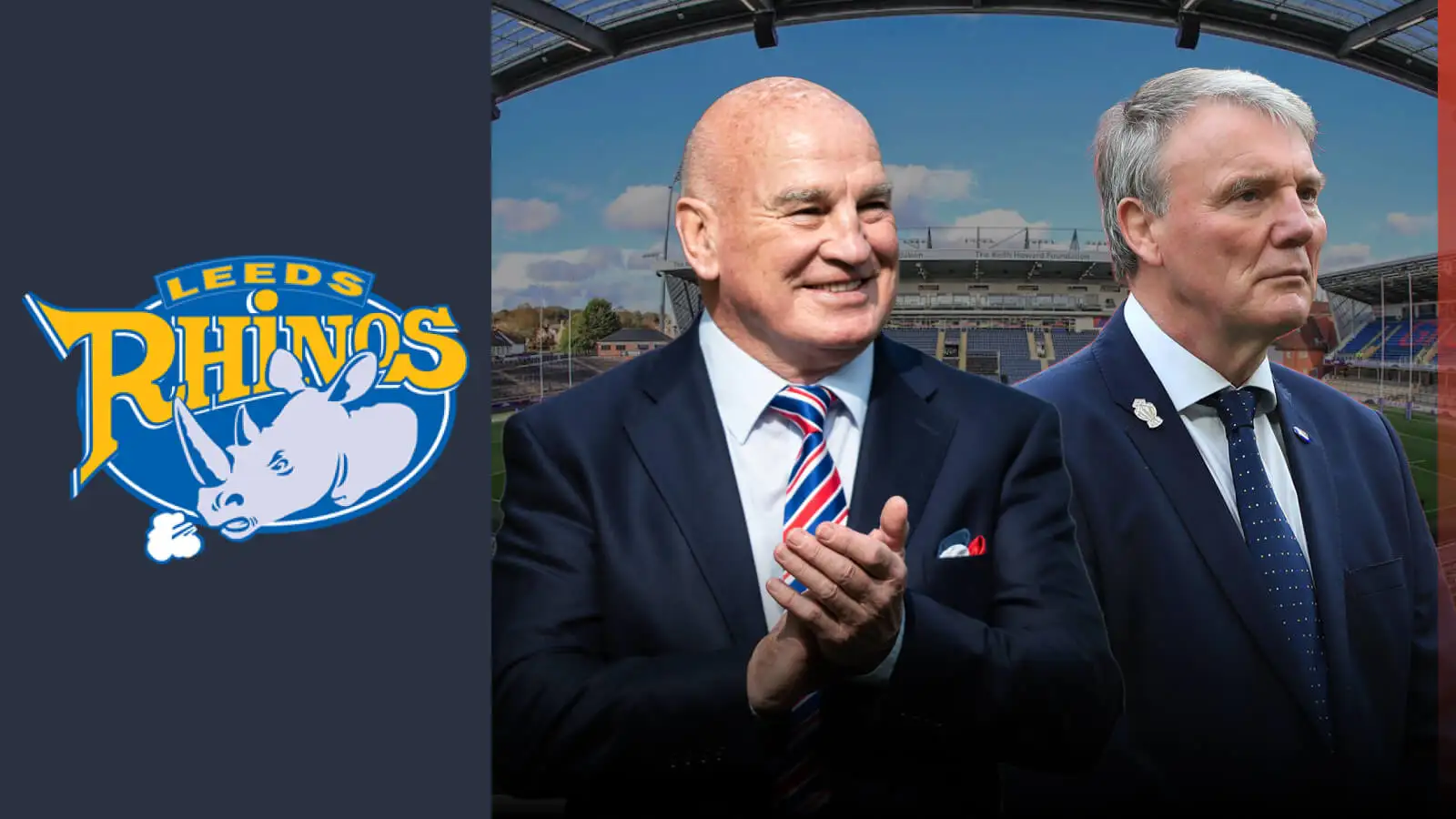 Stevo, Gary Hetherington and the Leeds Rhinos crest with Headingley in the background