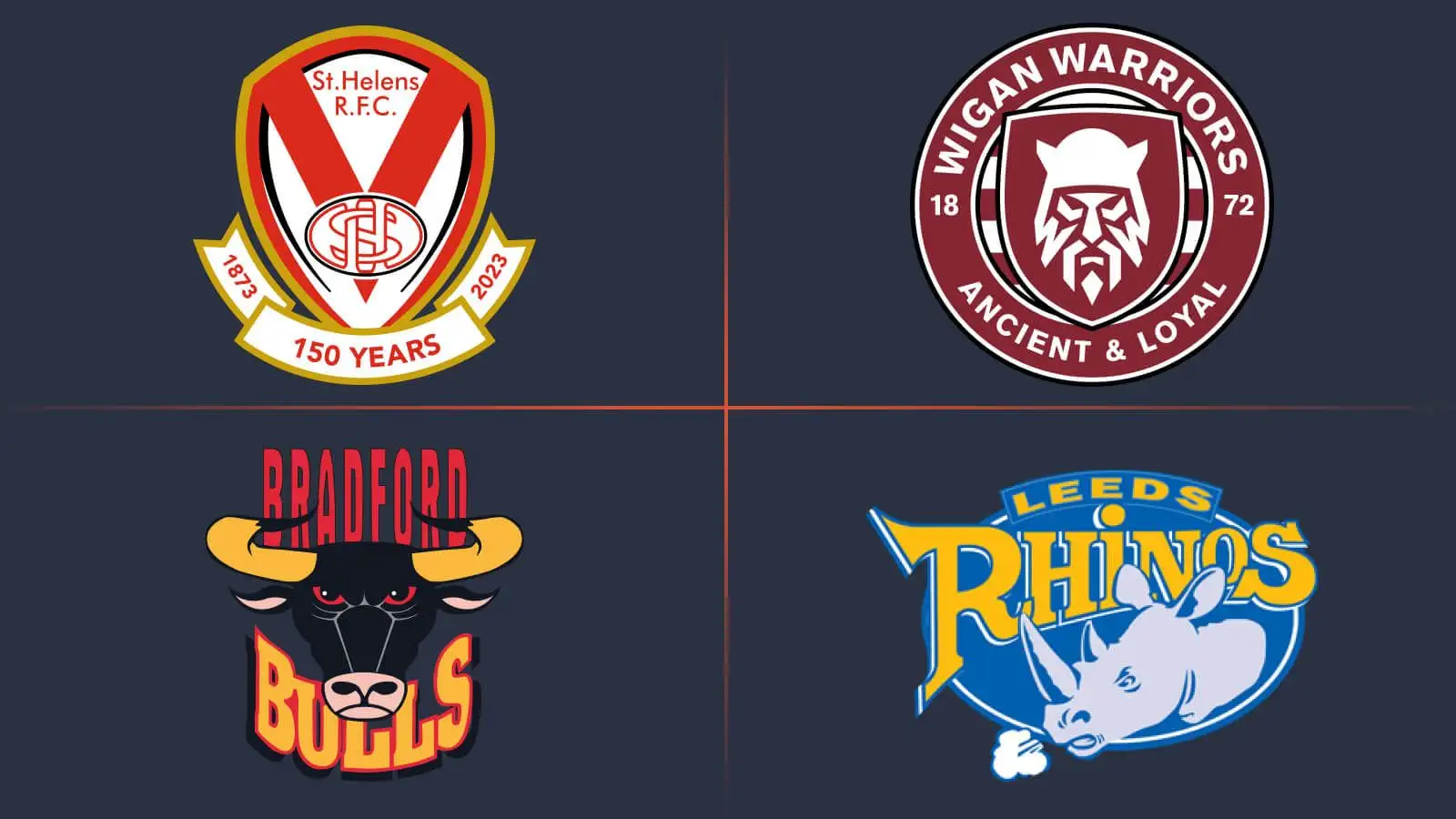St Helens, Wigan Warriors, Bradford Bulls, Leeds Rhinos club crests Super League