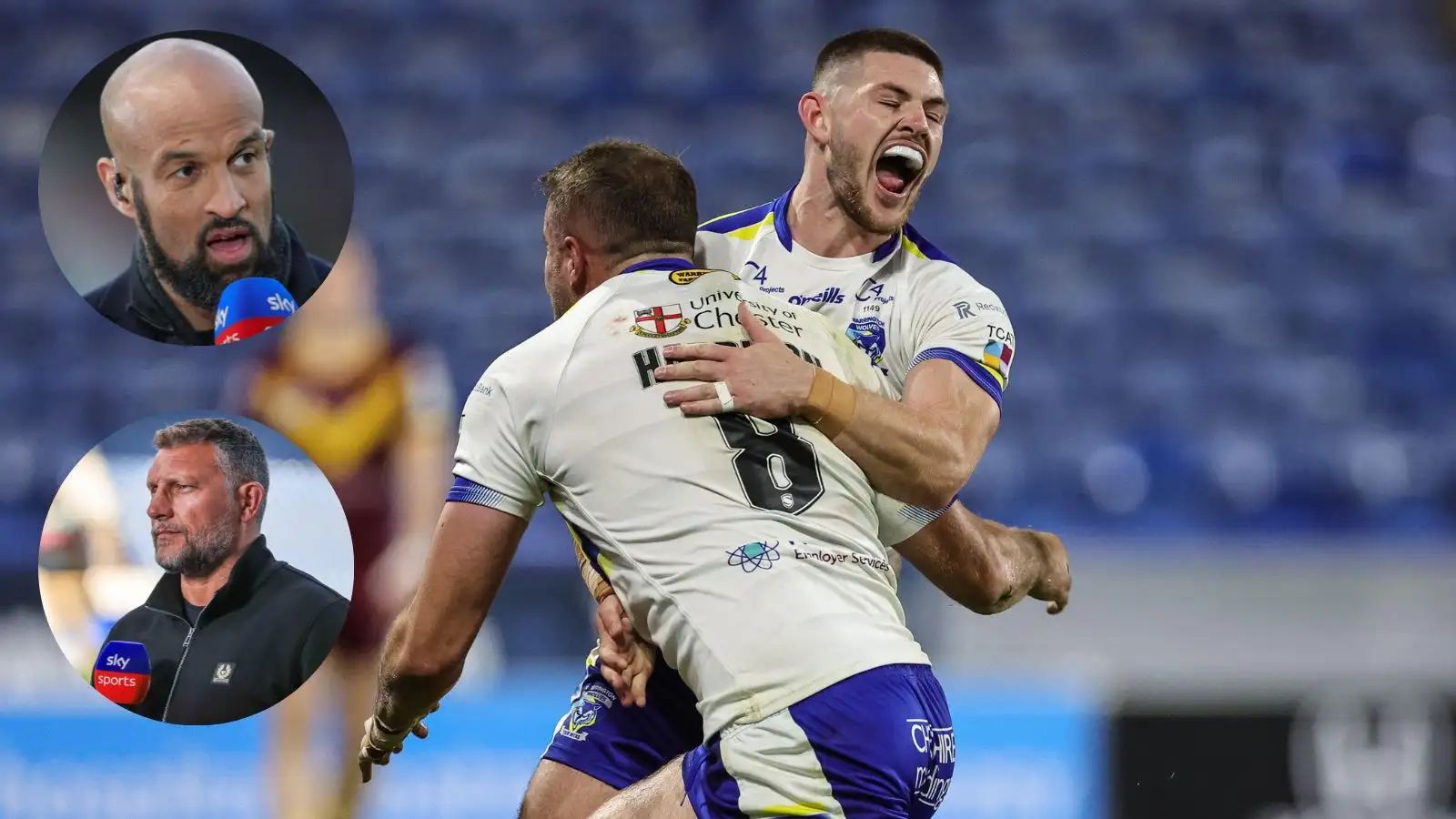 Warrington Wolves celebrate try against Huddersfield, Jamie Jones-Buchanan and Barrie McDermott