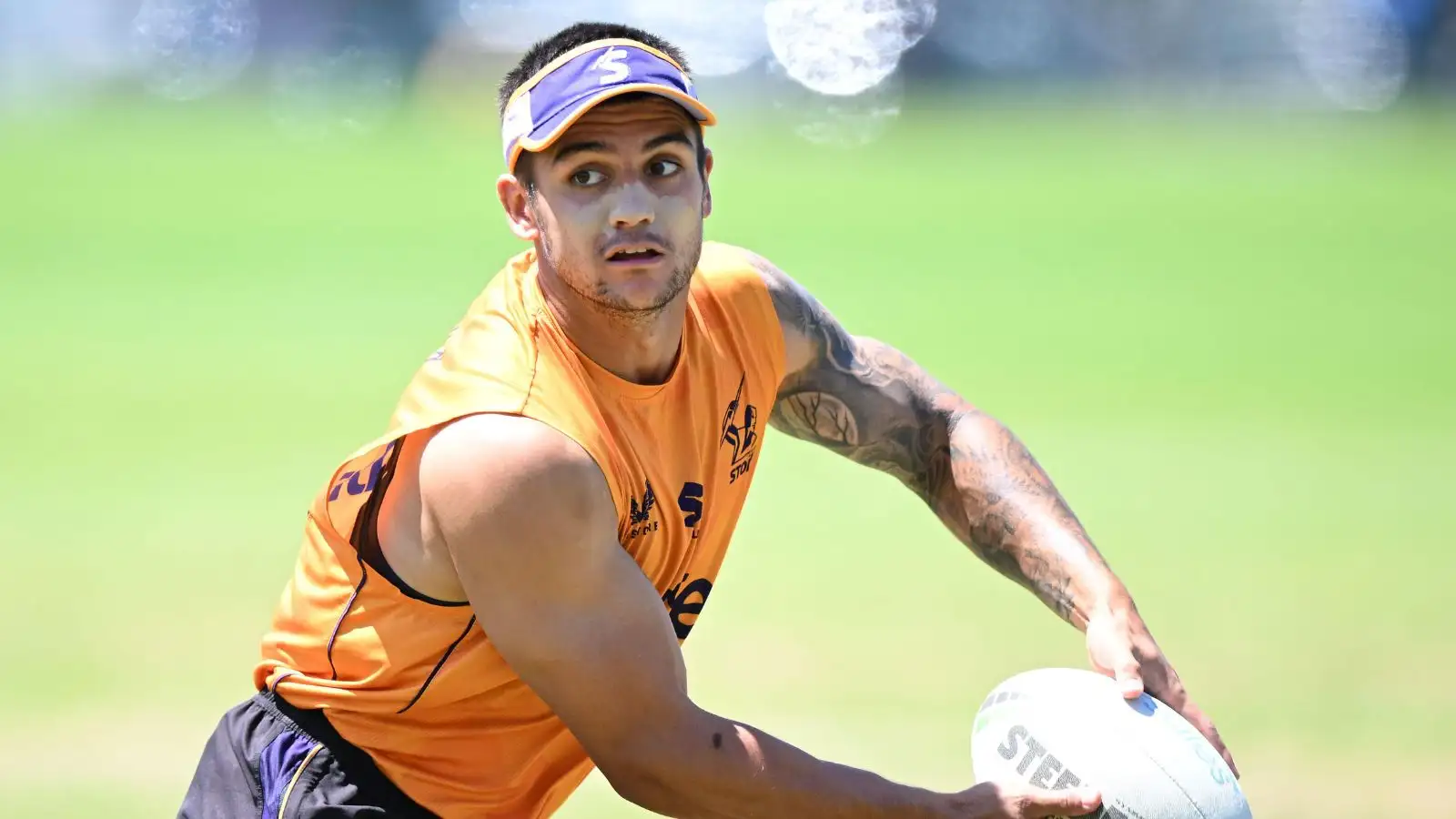 Jayden Nikorima in action during a Melbourne Storm training session.