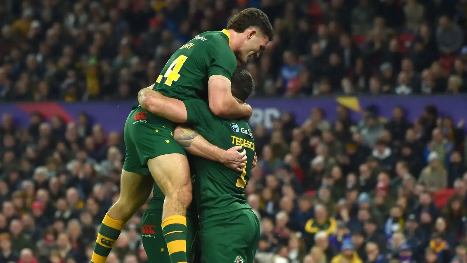 Australia celebrate try in 2021 World Cup Final