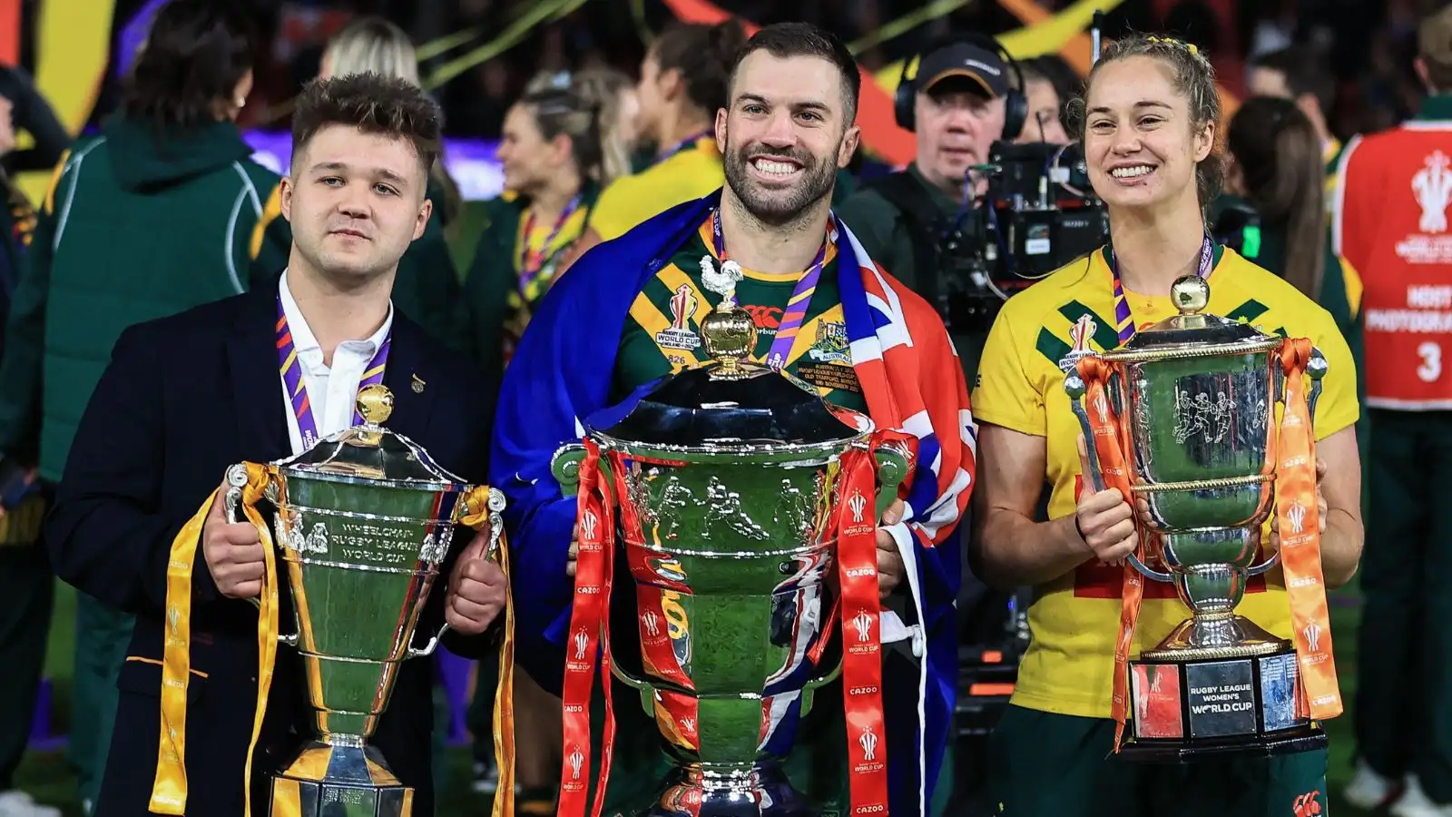 England Wheelchair World Cup winner Tom Halliwell, James Tedesco of Australia Men's and Kezie Apps of Australia Women