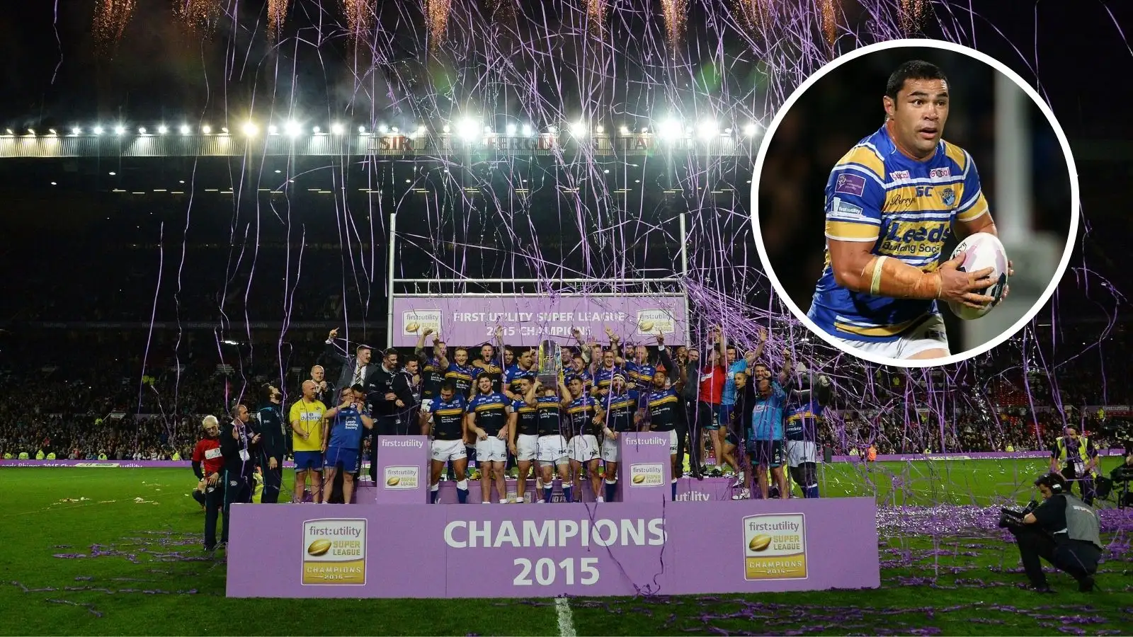 Leeds Rhinos celebrate their 2015 Super League Grand Final win; Kylie Leuluai