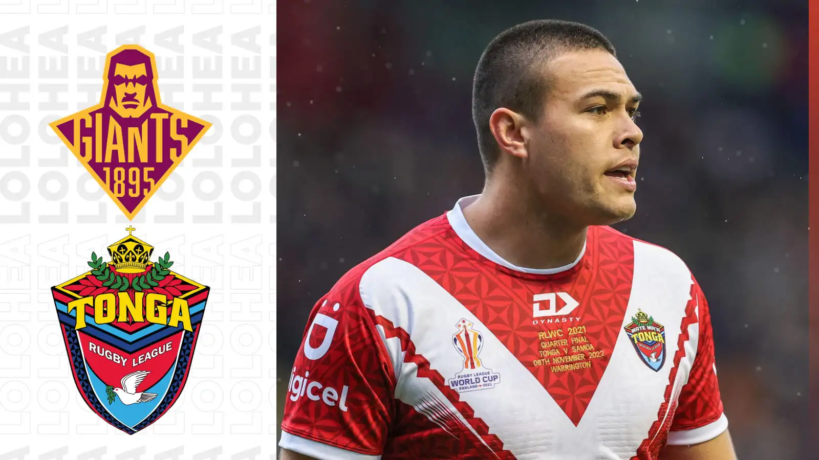 Huddersfield Giants badge, Tonga badge, Tui Lolohea