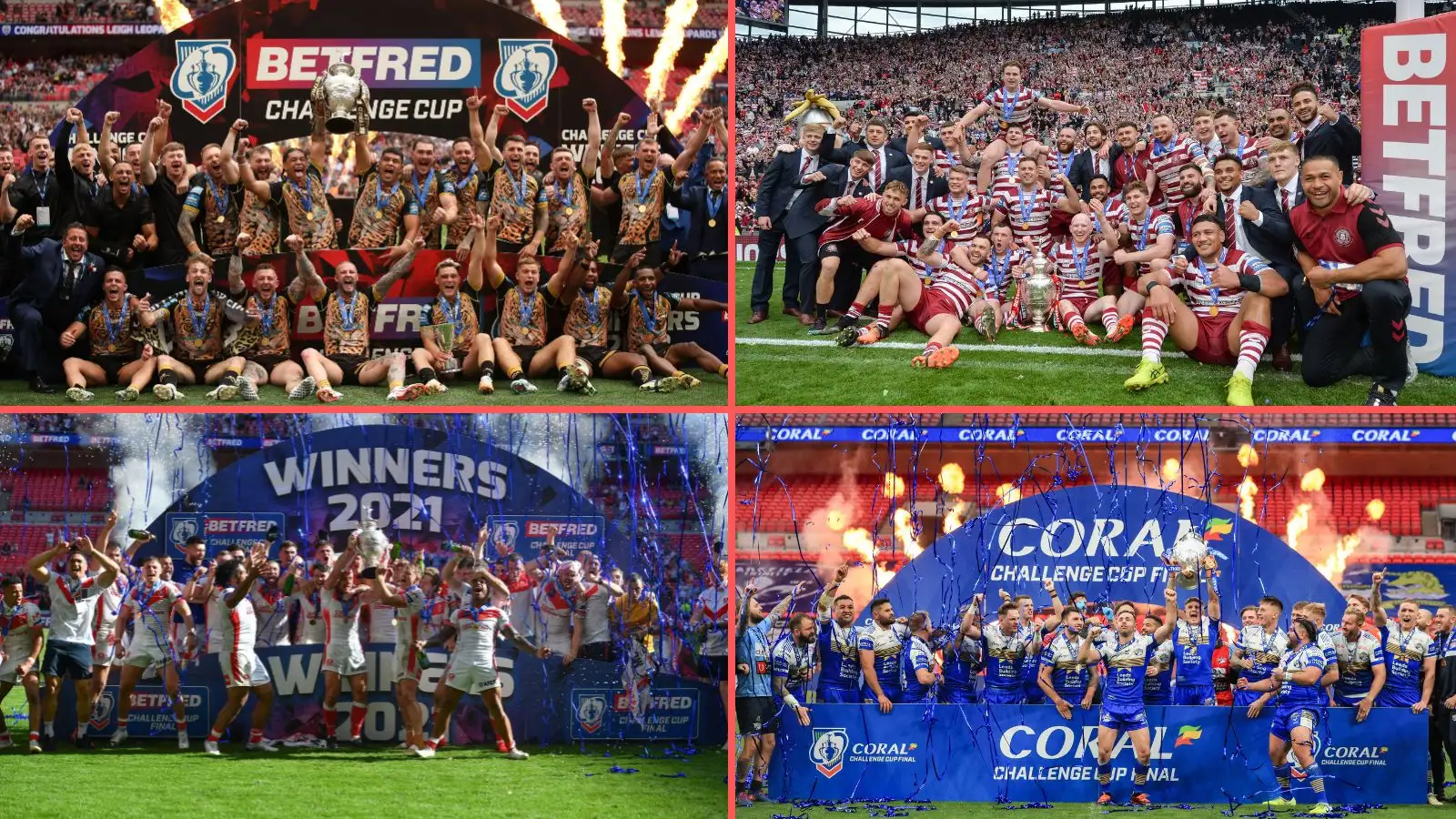 Leigh Leopards (2023), Wigan Warriors (2022), St Helens (2021) & Leeds Rhinos (2020) lift the Challenge Cup