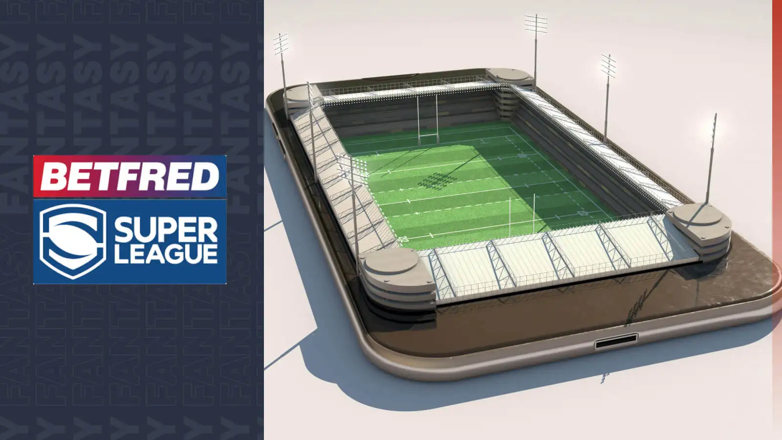 A smartphone with a rugby league stadium on top of it, Super League badge