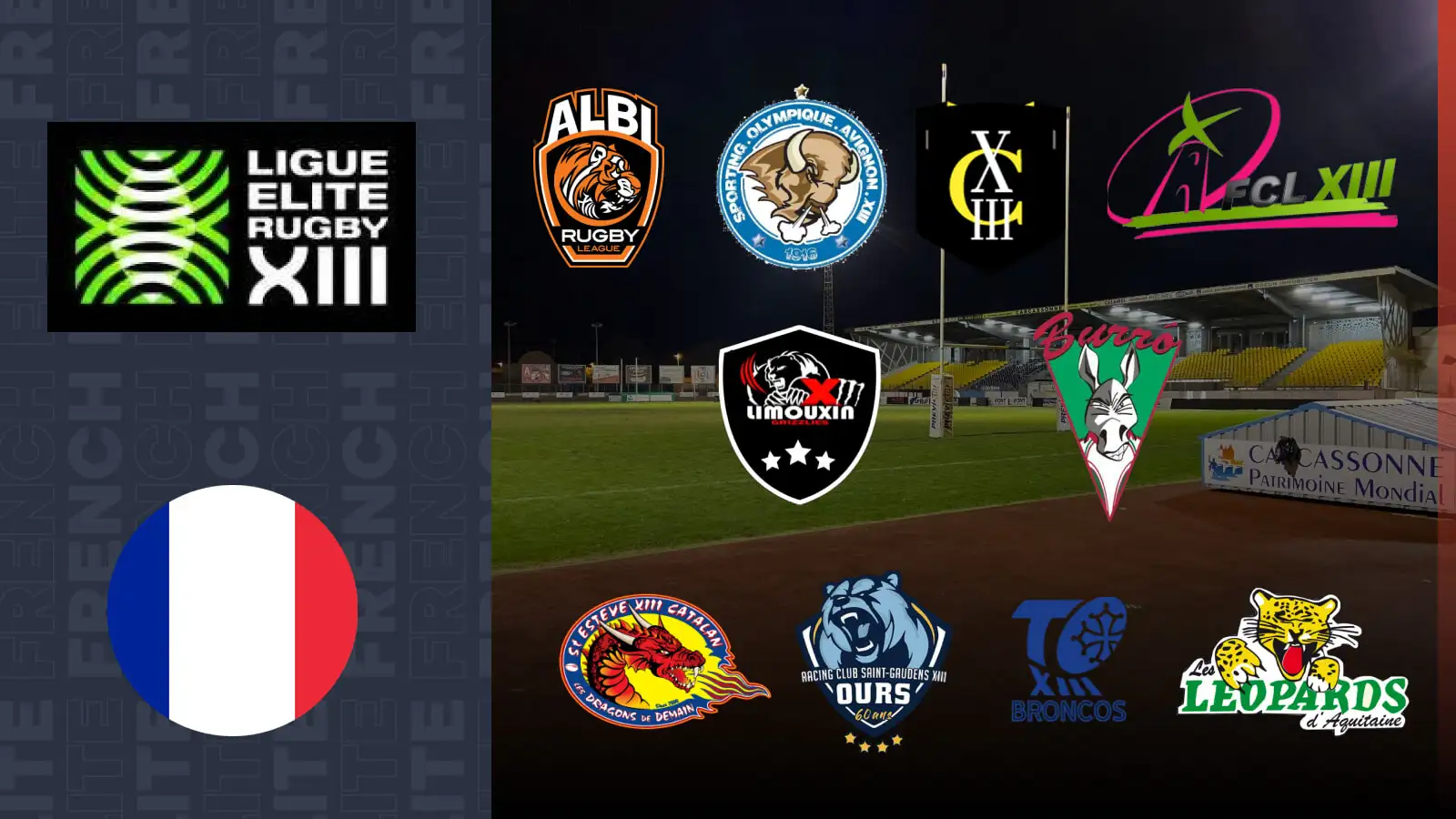 French Elite Championship badge, France flag, Albi badge, Avignon badge, Carcassonne badge, Lezignan badge, Limouxin badge, Pia badge, Saint Esteve XIII Catalan badge, St Gaudens badge, Toulouse Elite badge, Villeneuve badge, Stade Albert Domac in background