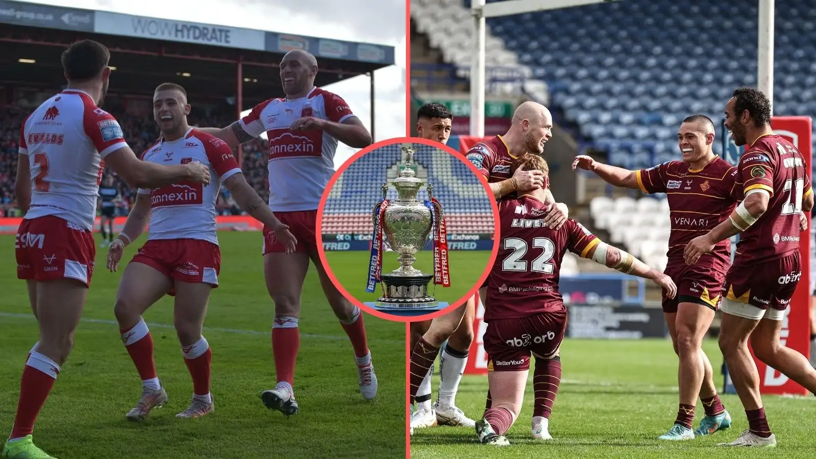 Hull KR celebrate a try, Challenge Cup trophy, Huddersfield Giants celebrate a try