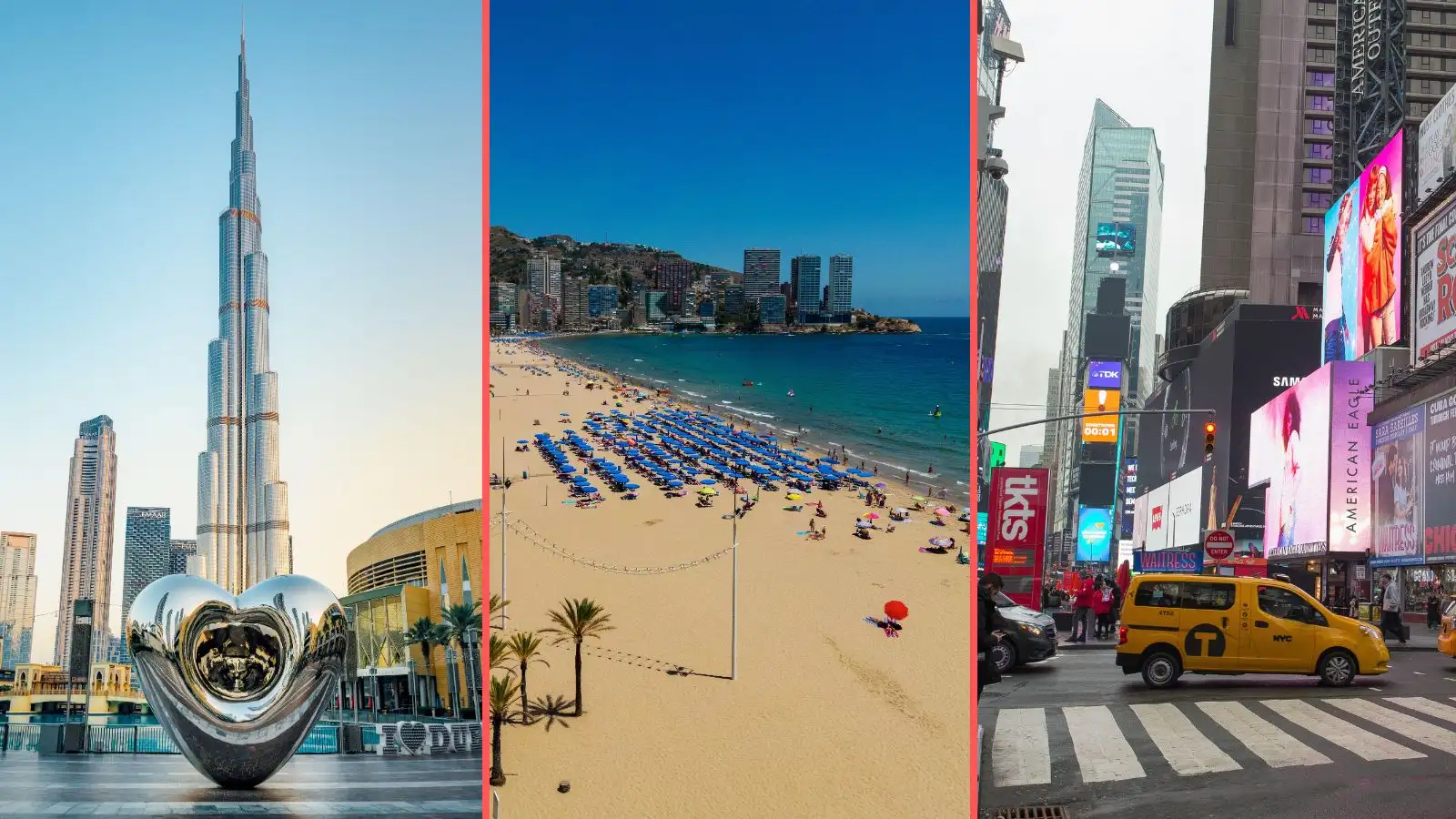 Burj Khalifa, Levante Beach, Times Square