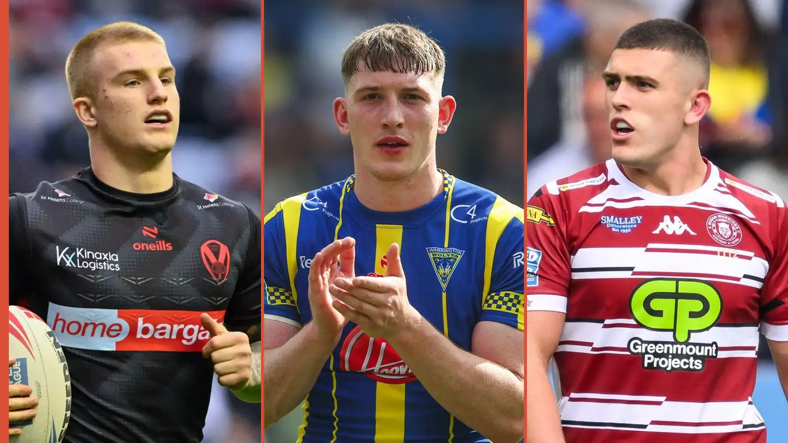 George Delaney St Helens, Matty Nicholson Warrington Wolves, Brad O'Neill Wigan Warriors Alamy